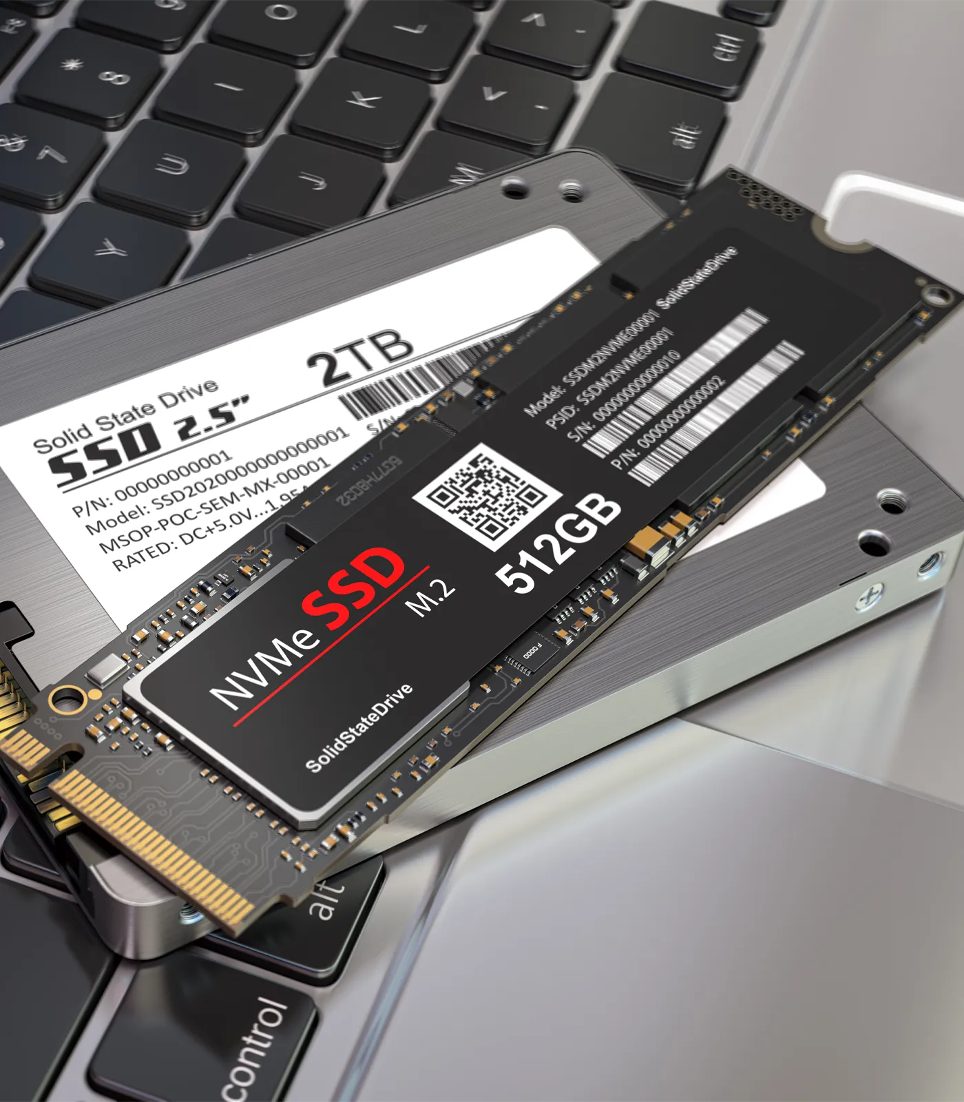 Illustratie van een rechthoekige 2,5-inch SSD met daarvoor een smalle M.2-SSD